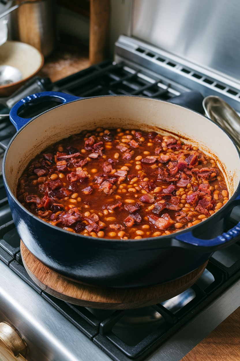 Dutch oven of sticky baked beans with bits of bacon on an indoor stovetop. No text or logos. Photo.