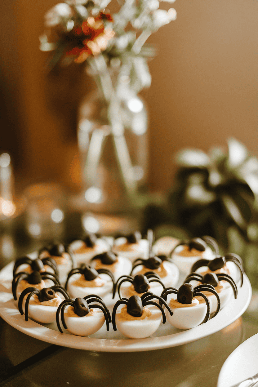 A warmly lit indoor table featuring a white platter of deviled eggs topped with sliced black olives arranged like spiders. No text or logos; photo only.