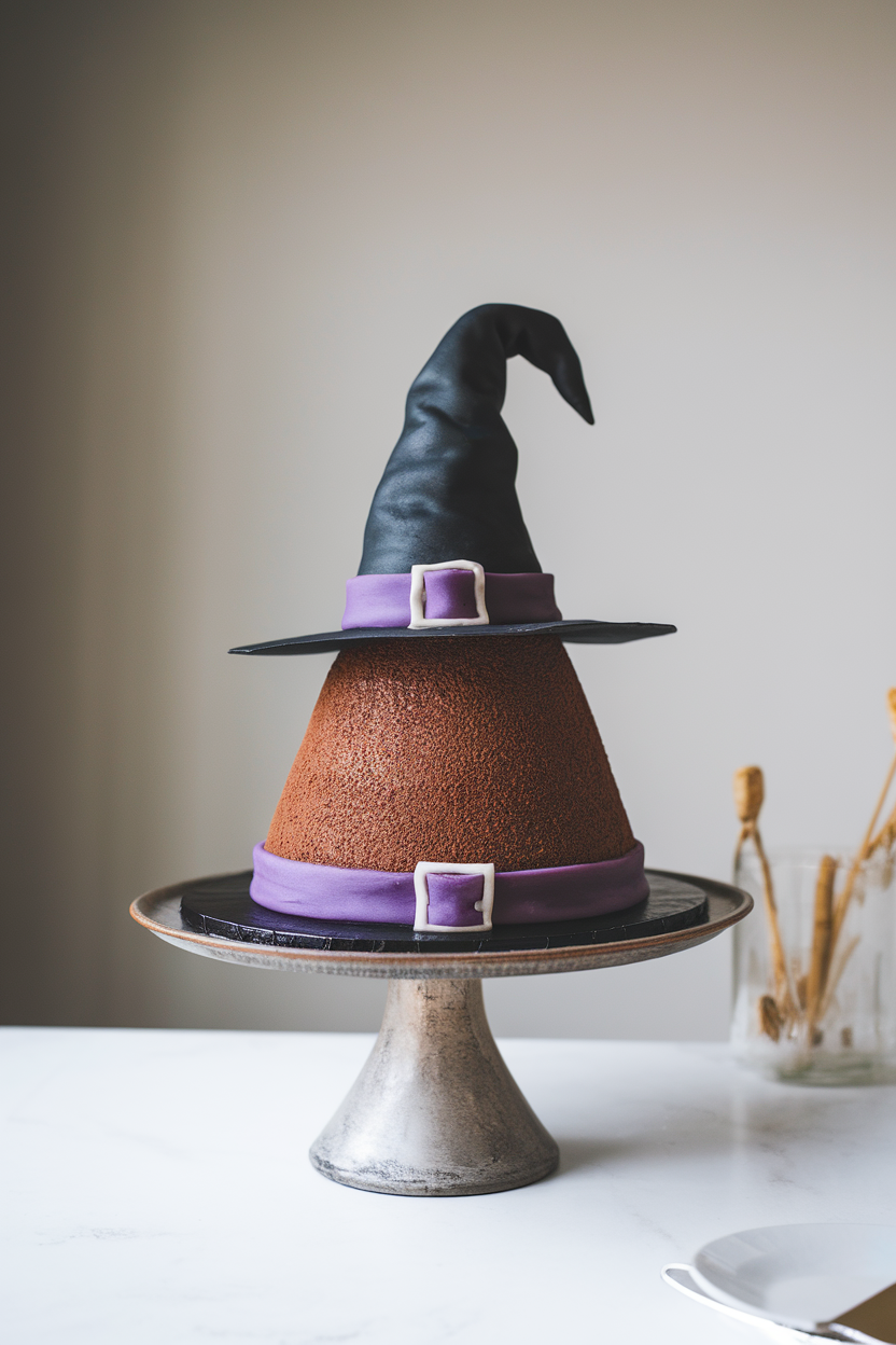 Indoor photo of a conical chocolate cake shaped like a witch hat, finished with black buttercream and a purple fondant band, staged on a cake pedestal. No text or logos.