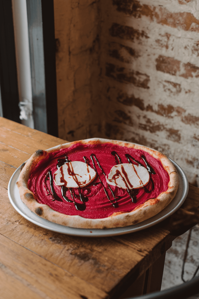 An indoor bistro table holding a vibrant red beet purée pizza with twin goat-cheese “fang marks” and a drizzle of balsamic “blood.” No text or logos.