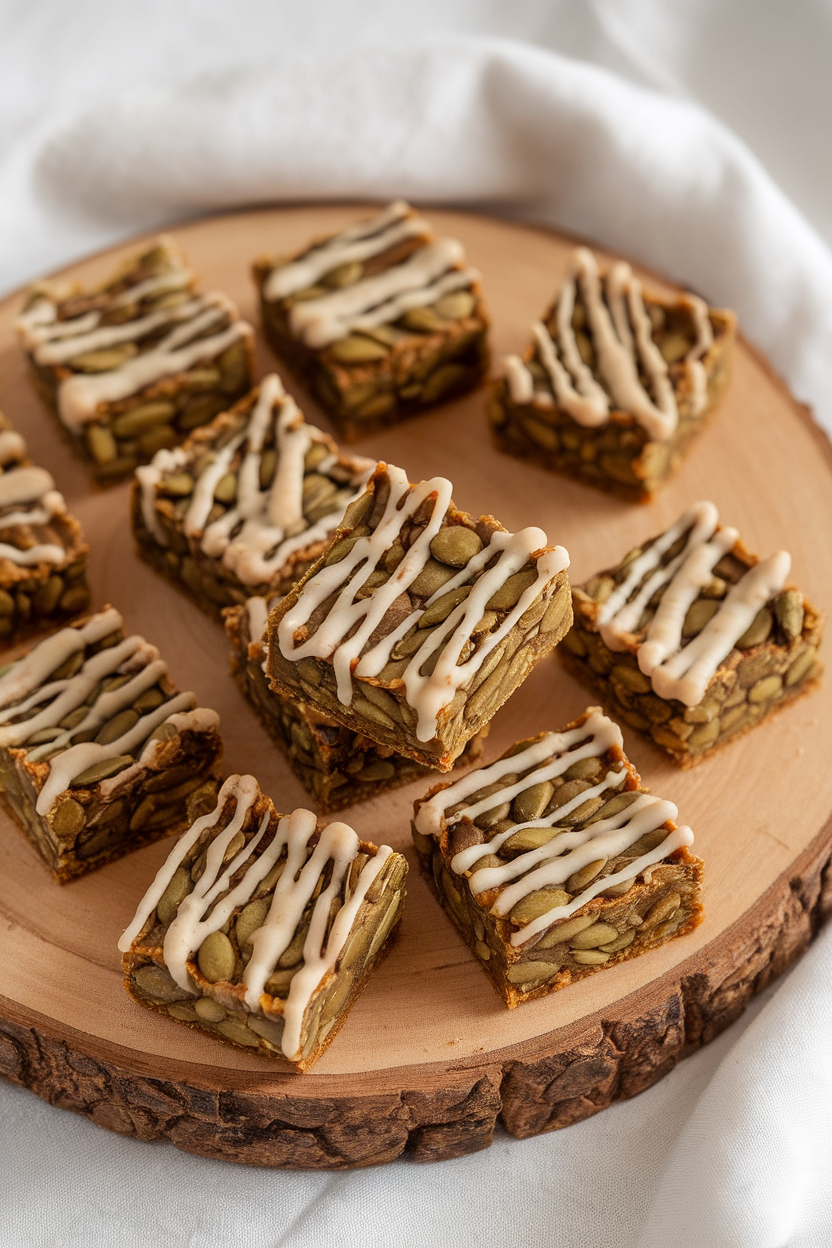 Indoor wooden board with several mini pumpkin seed bars drizzled lightly with maple glaze, no logos or text.