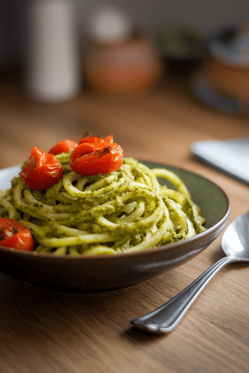 An indoor tabletop showing a bowl of zucchini noodles coated in vibrant green pesto, scattered with roasted cherry tomatoes. Soft lighting emphasizes fresh colors. No text or logos visible. Photo, not illustration.