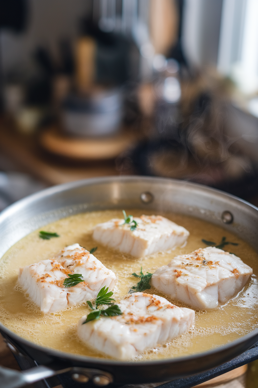Indoor photo of a shallow skillet holding flaky white cod fillets cloaked in a pale garlic-speckled butter sauce, parsley sprinkled on top, steam rising gently. No text or logos in the scene.