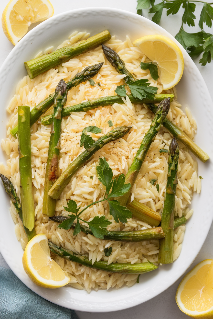 Indoor photo of lemon-zested orzo mixed with roasted asparagus pieces and parsley on a white serving platter; no text or logos.