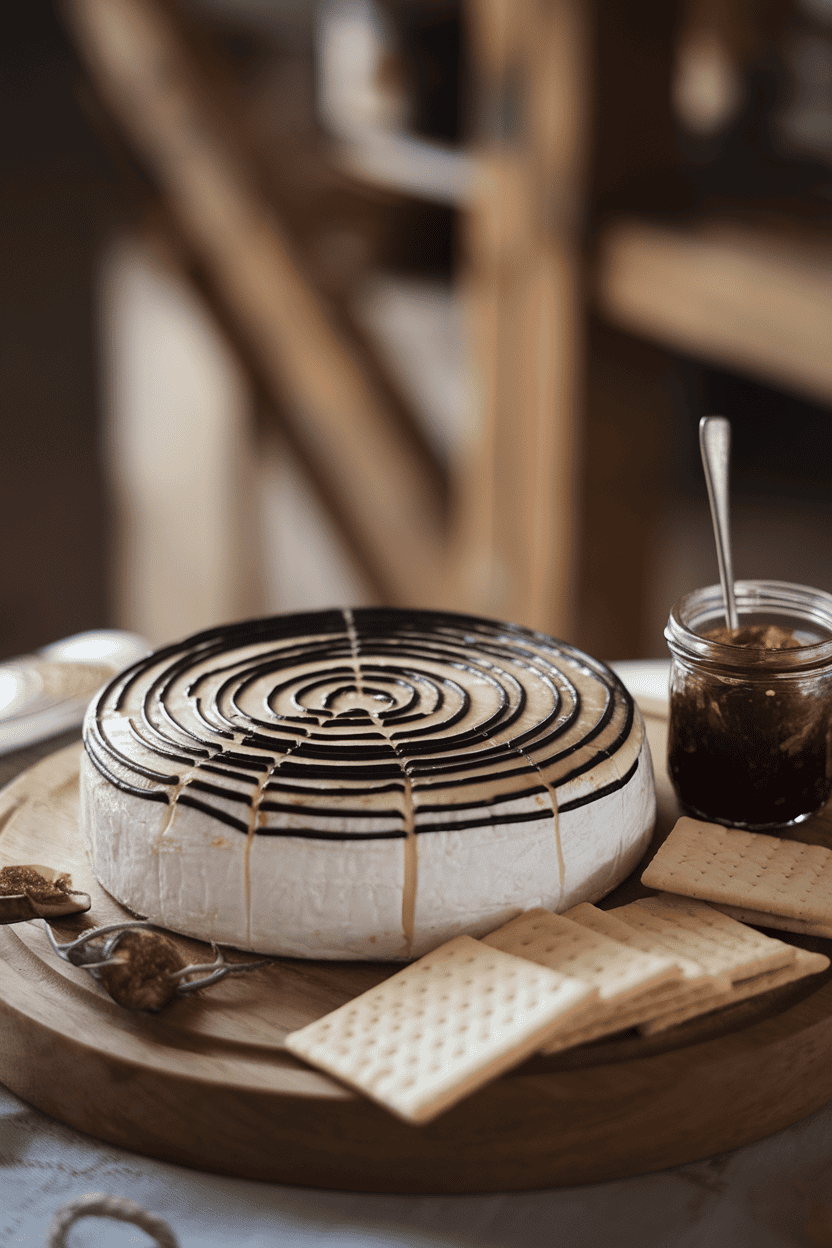 Softly lit indoor shot of a baked camembert wheel topped with concentric rings of black food-safe gel, lines pulled through to form a web, served on a wooden board with fig jam and crackers. No text or logos.