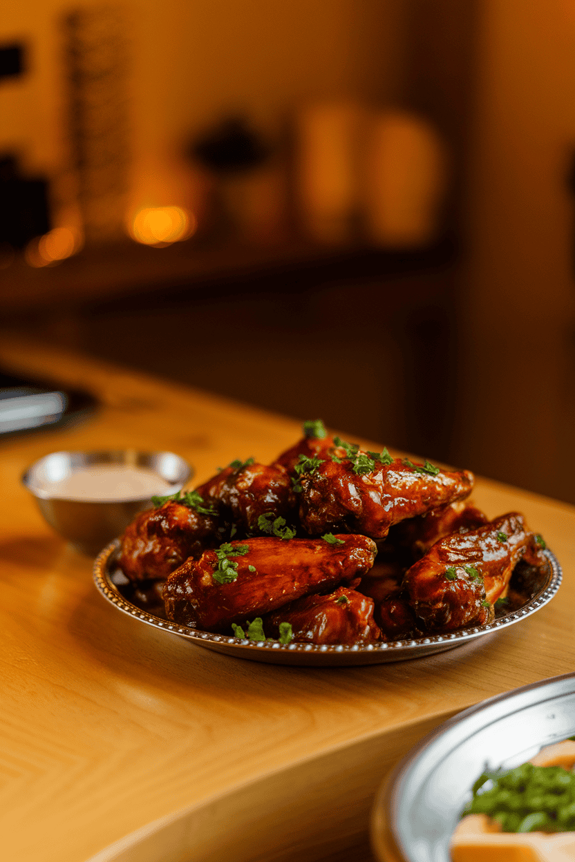 Warmly lit indoor dining table holding a platter of glazed barbecue chicken wings garnished with chopped parsley, a small bowl of dipping sauce beside it. No text or logos present. Photo, not illustration.