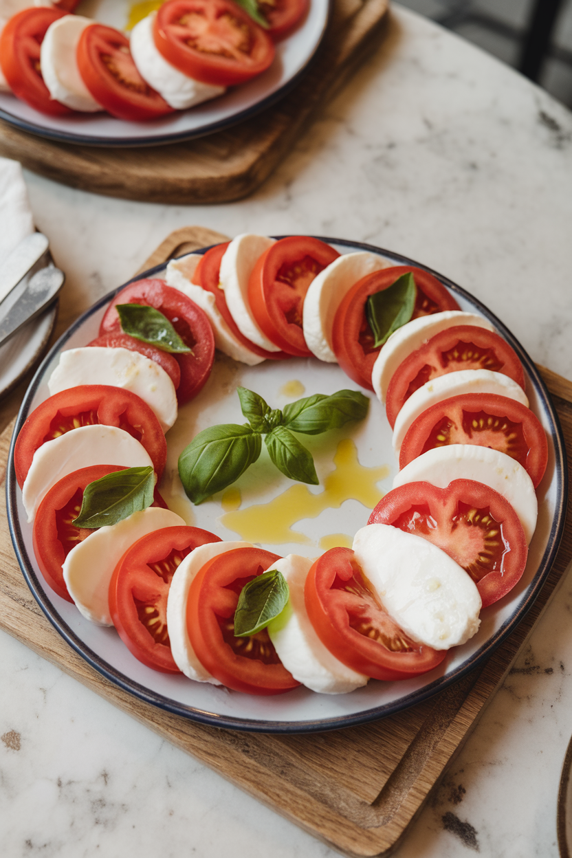 An indoor café-style table featuring alternating slices of ripe tomato and fresh mozzarella, garnished with basil leaves and a drizzle of olive oil; no brand names or logos in sight.
