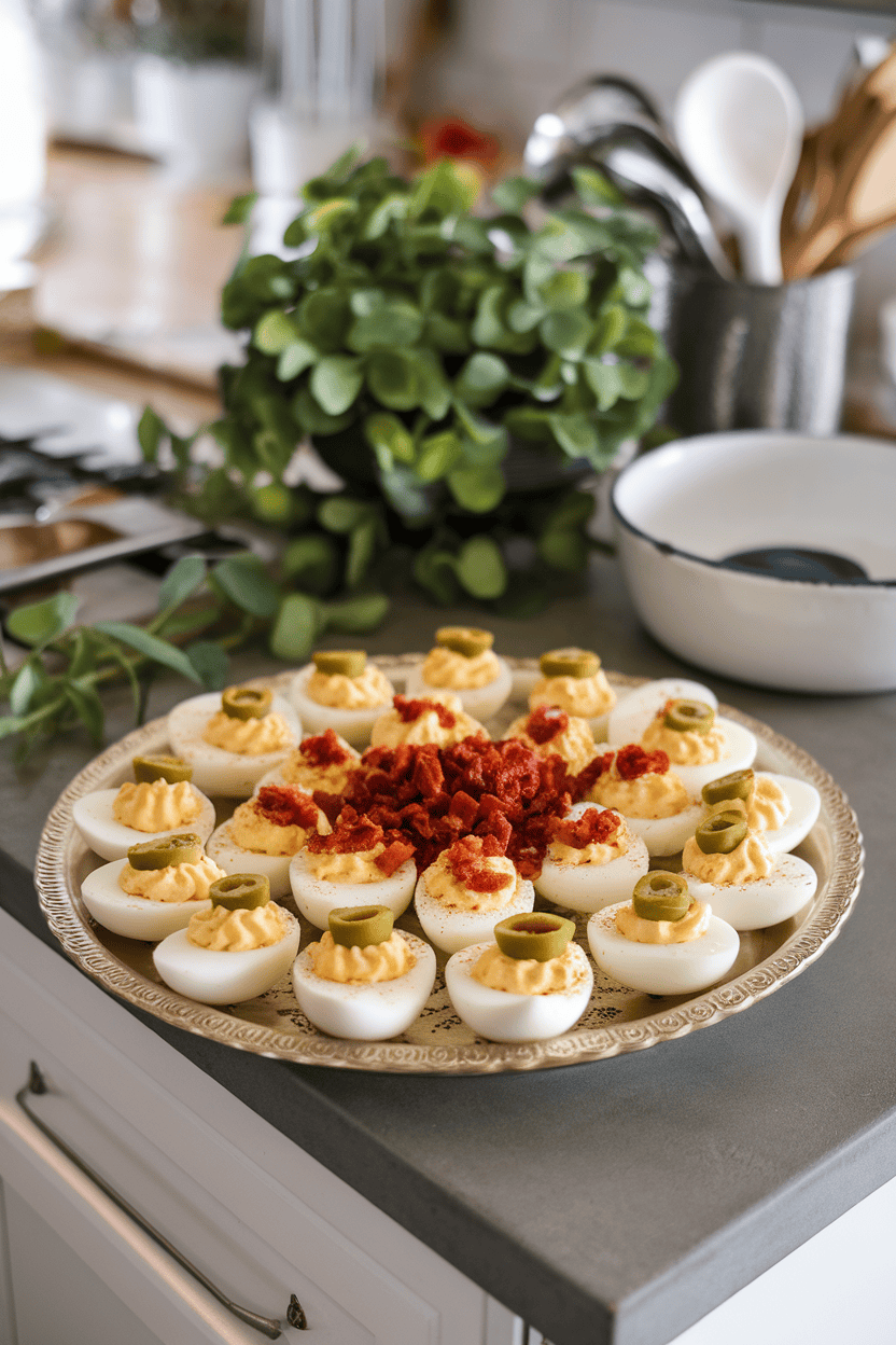 An indoor kitchen island displaying a deviled egg platter with three toppings: paprika, crispy bacon bits, and sliced olives. No text or logos; photo.