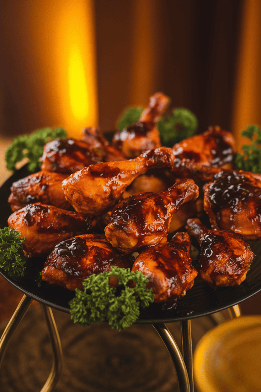 Indoor photo of chicken drumettes coated in dark soy-molasses glaze, fanned on a black platter with parsley accents. Warm indoor lighting, no text or logos.