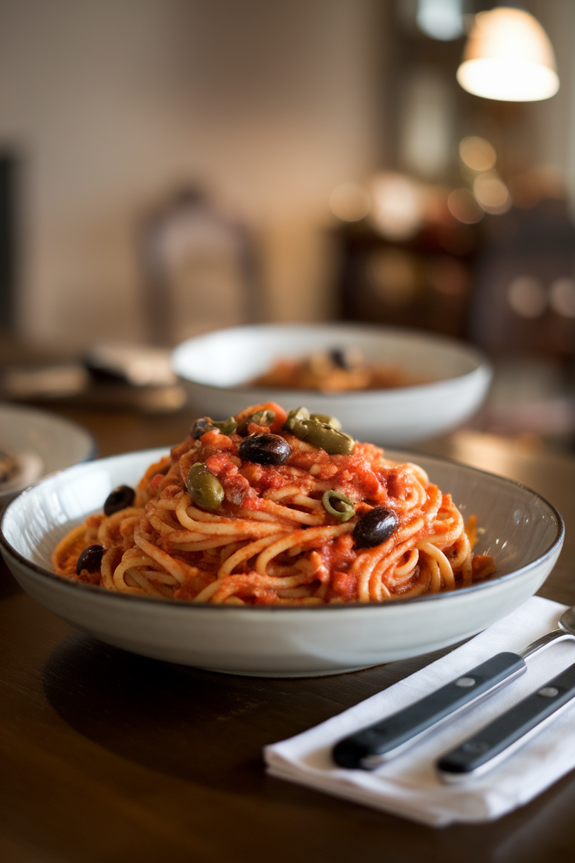 A pasta bowl indoors with whole-wheat spaghetti coated in tomato sauce studded with olives, capers, and anchovies. No logos or text.