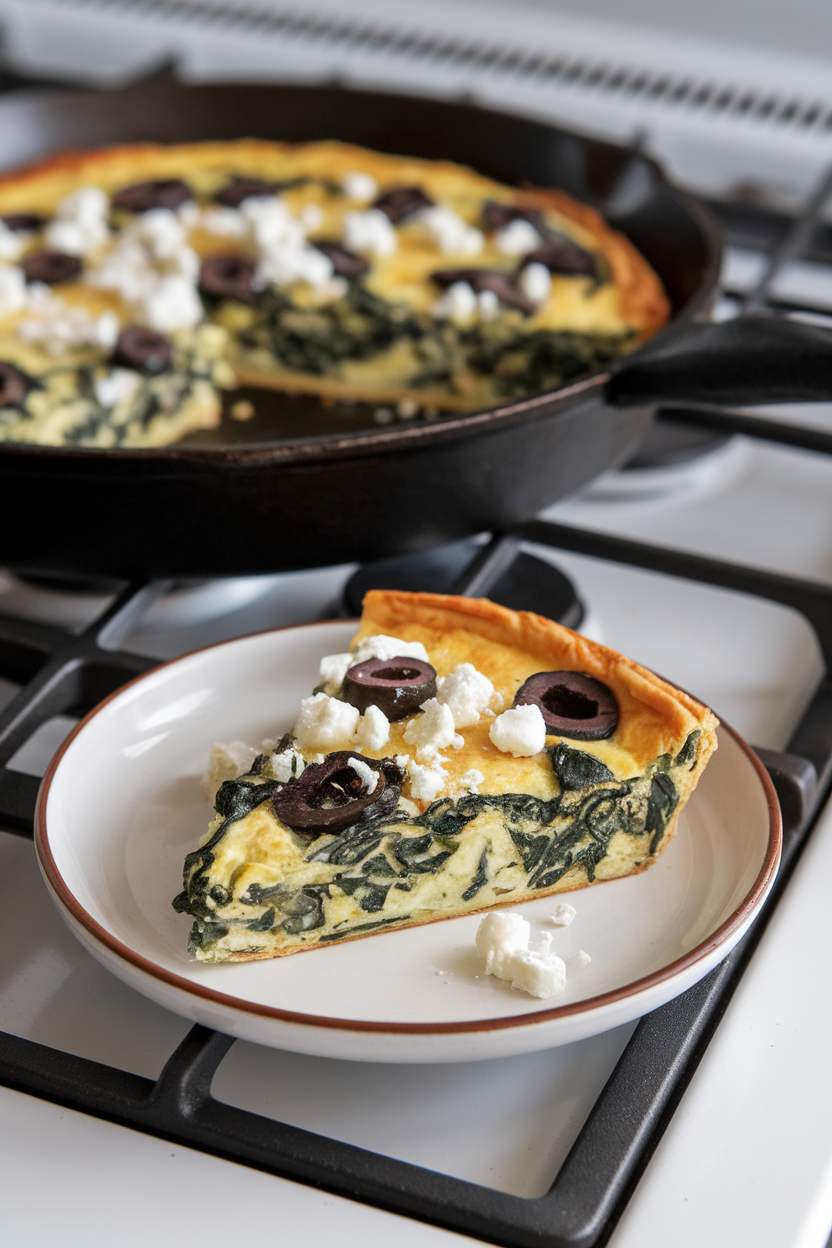 An indoor stovetop photo of a slice of spinach, olive, and feta frittata on a small plate, skillet in background, no text or logos.