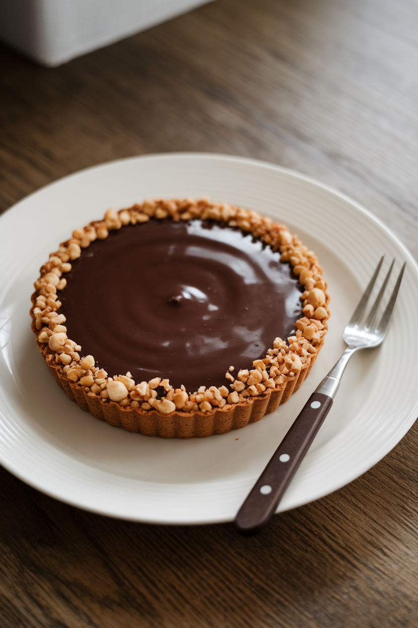 Indoor photo of a sleek tart with glossy chocolate ganache filling and crushed hazelnuts around the border. No text or logos.