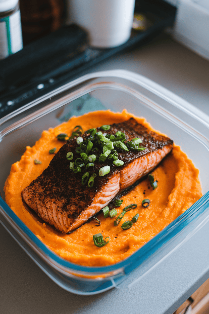 Indoor countertop scene showing a container with blackened salmon resting on orange sweet potato mash, garnished with chopped scallions. No logos or text, photo only.