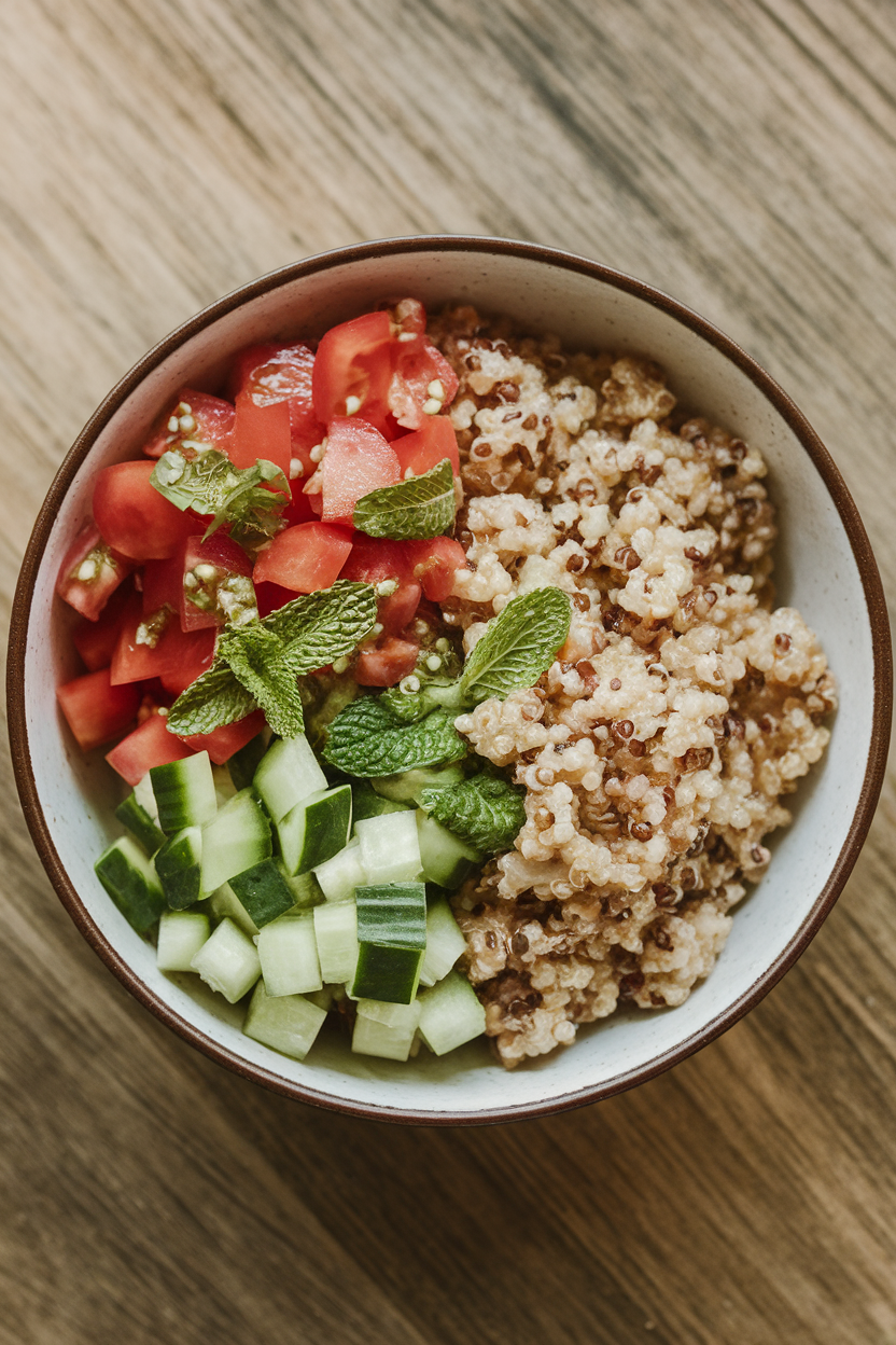 An indoor lunch bowl featuring fluffy quinoa tossed with diced tomato, cucumber, and chopped fresh mint; no text or branding seen.