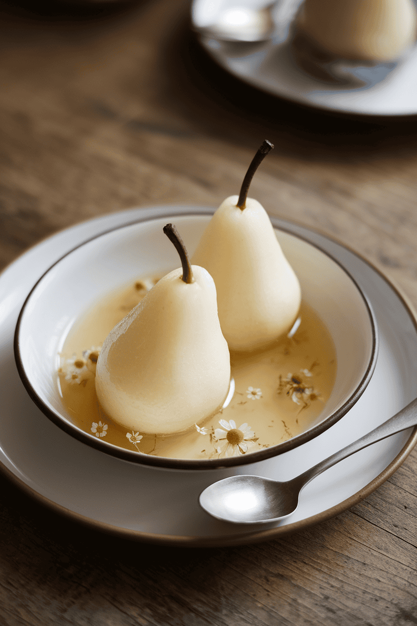 Indoor dessert dish with two pale poached pear halves sitting in light chamomile syrup, small silver spoon nearby. Photo only, text-free.