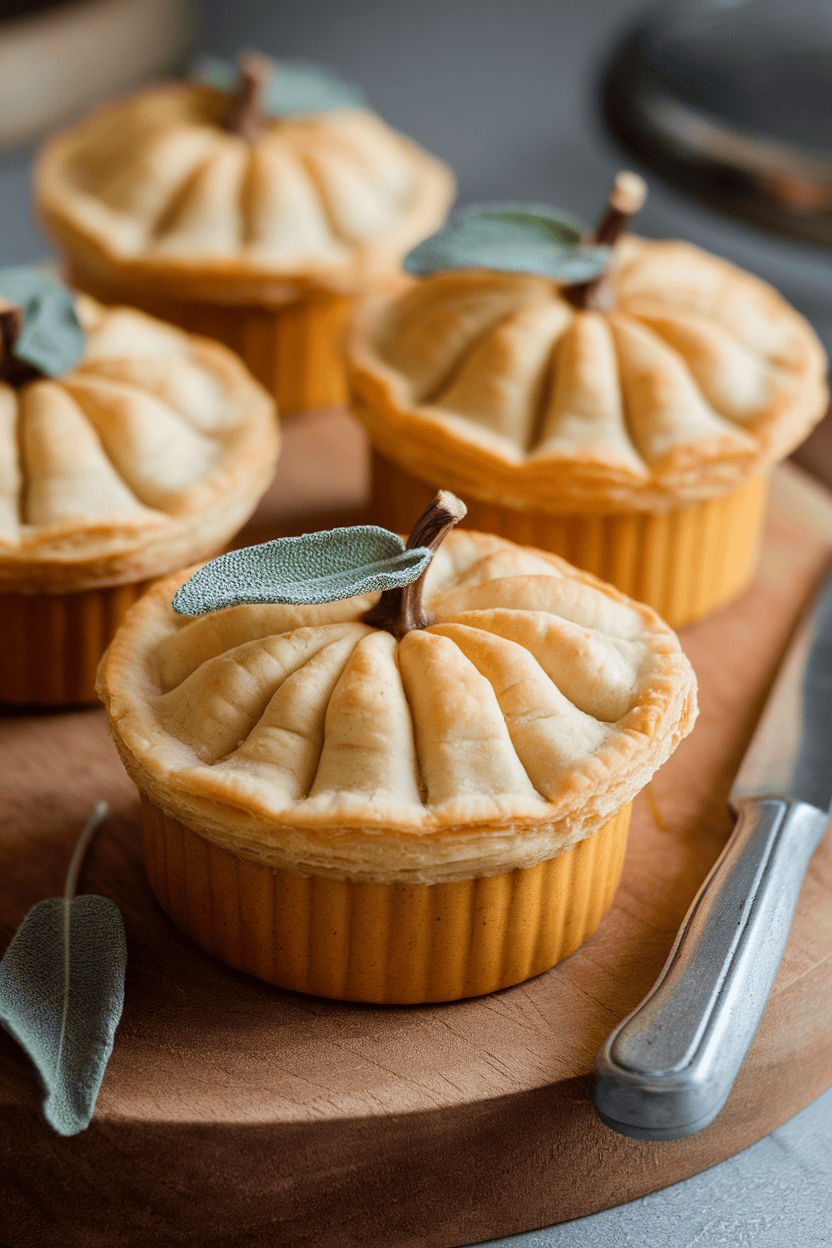 Indoor photo of ramekin pot pies with puff-pastry lids scored like pumpkin ridges, a sage leaf “stem” on each. Soft light, no text or logos.
