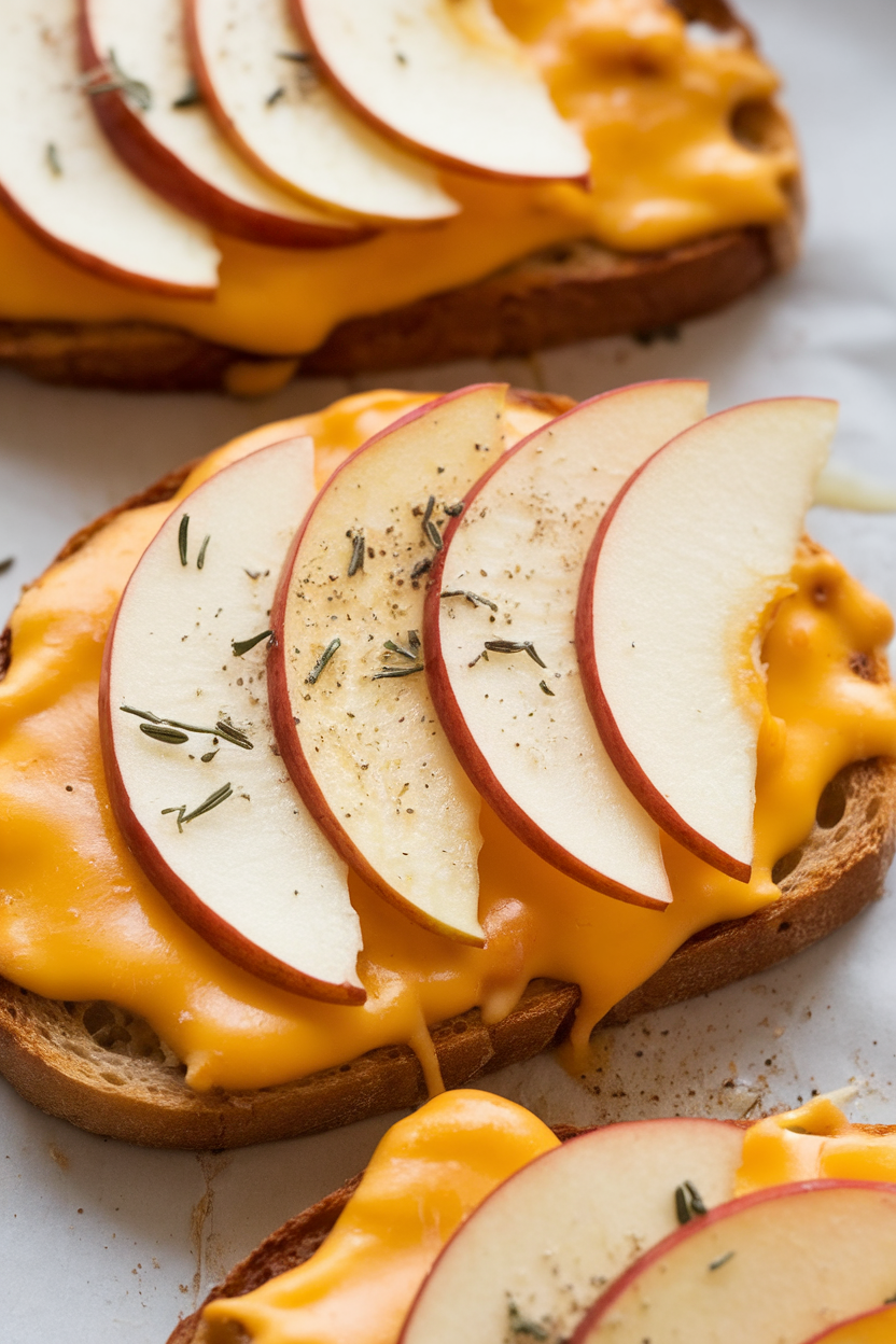 Indoor close-up of toast topped with thin apple slices and melted sharp cheddar, herbs sprinkled lightly. No text or logos.