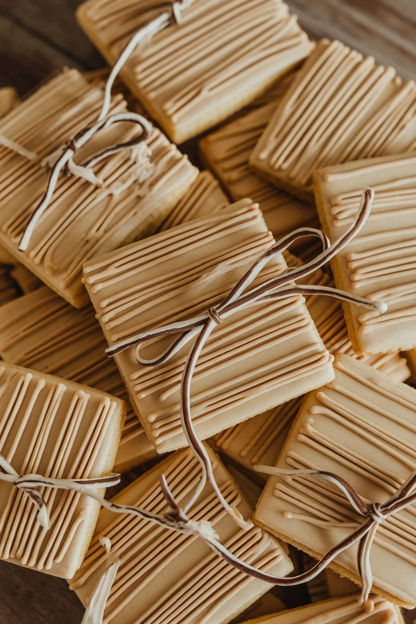 Indoor photo of square cookies coated in golden-tan royal icing with textured lines to resemble hay, tied with thin licorice “twine,” no text or logos.
