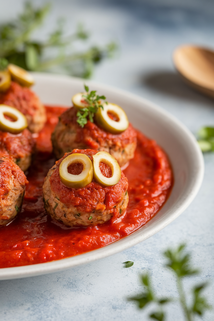 Close-up indoor shot of meatballs topped with sliced olive “eyes,” resting in marinara sauce on a white platter. No text or logos.