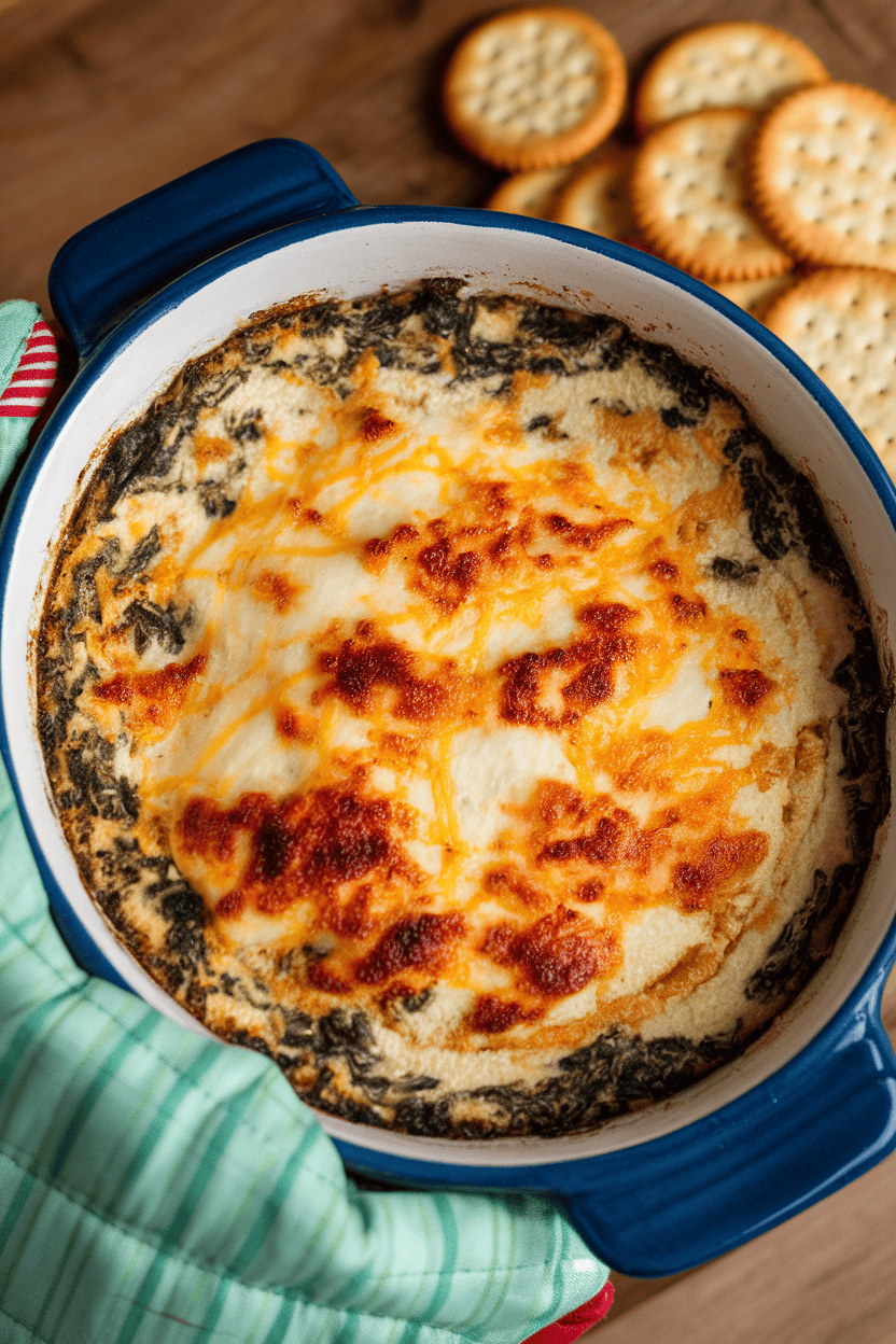An indoor oven mitt holding a bubbling ceramic dish of spinach artichoke dip, cheese browned on top, crackers placed nearby. No text or logos; photo only.