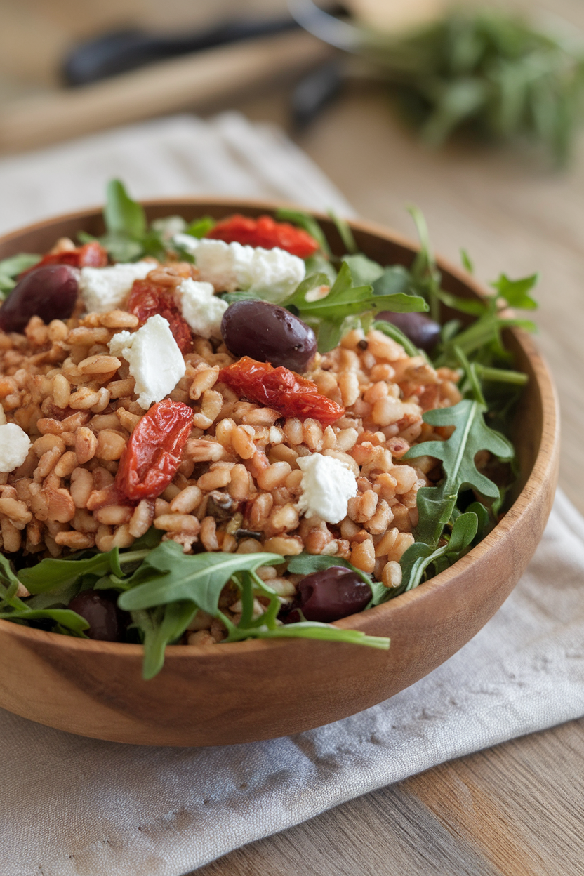An indoor salad bowl containing farro, sun-dried tomatoes, kalamata olives, arugula, and crumbled goat cheese. No text or logos; photo only.