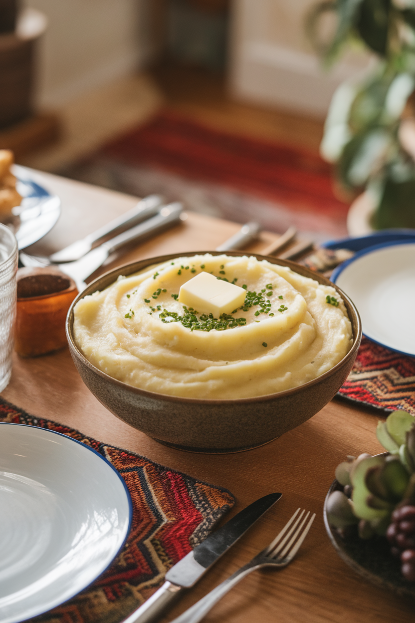 Cozy indoor dining table featuring a large bowl of silky mashed potatoes crowned with a melting pat of butter and a sprinkle of chopped chives. Photo, no text or logos.