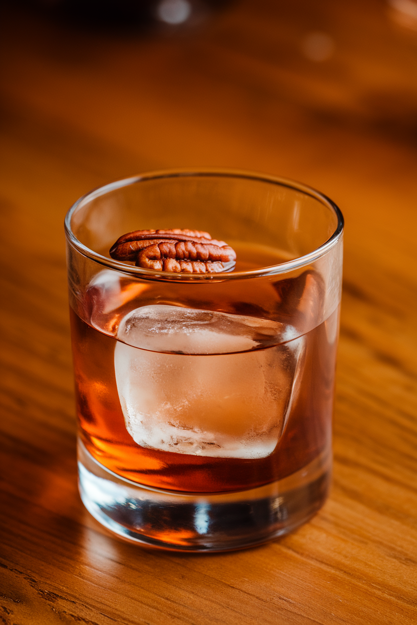 Photo of a faceted rocks glass indoors, holding a pecan pie old fashioned with a pecan garnish floating beside a large clear ice cube. Warm wood background, no text or logos.