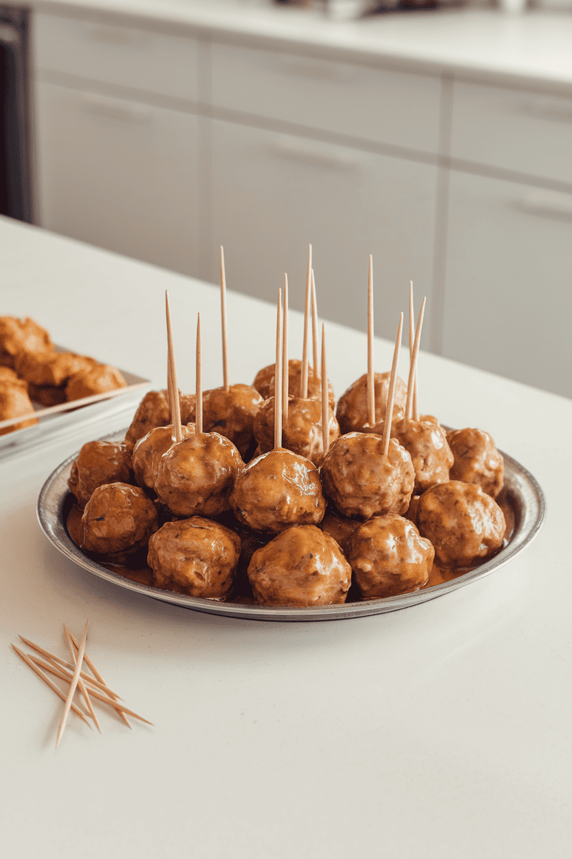 An indoor counter with a platter of glazed turkey meatballs in a light honey garlic sauce, toothpicks nearby. No text or logos.