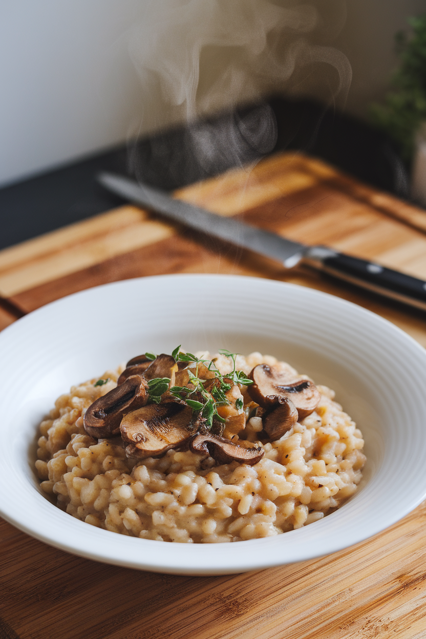 Photo shot indoors of a creamy barley risotto with sautéed mushrooms in a white bowl, steam rising gently, no text or logos visible.