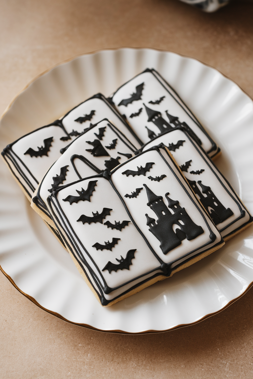 Indoor photo of rectangular cookies decorated like open pages with tiny black silhouette illustrations of bats and castles, no text or logos.