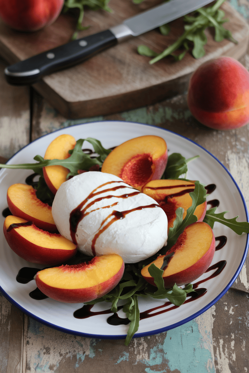 An indoor plate featuring sliced ripe peaches nestled around creamy burrata, arugula leaves, and a drizzle of balsamic reduction. No text or logos; photo only.
