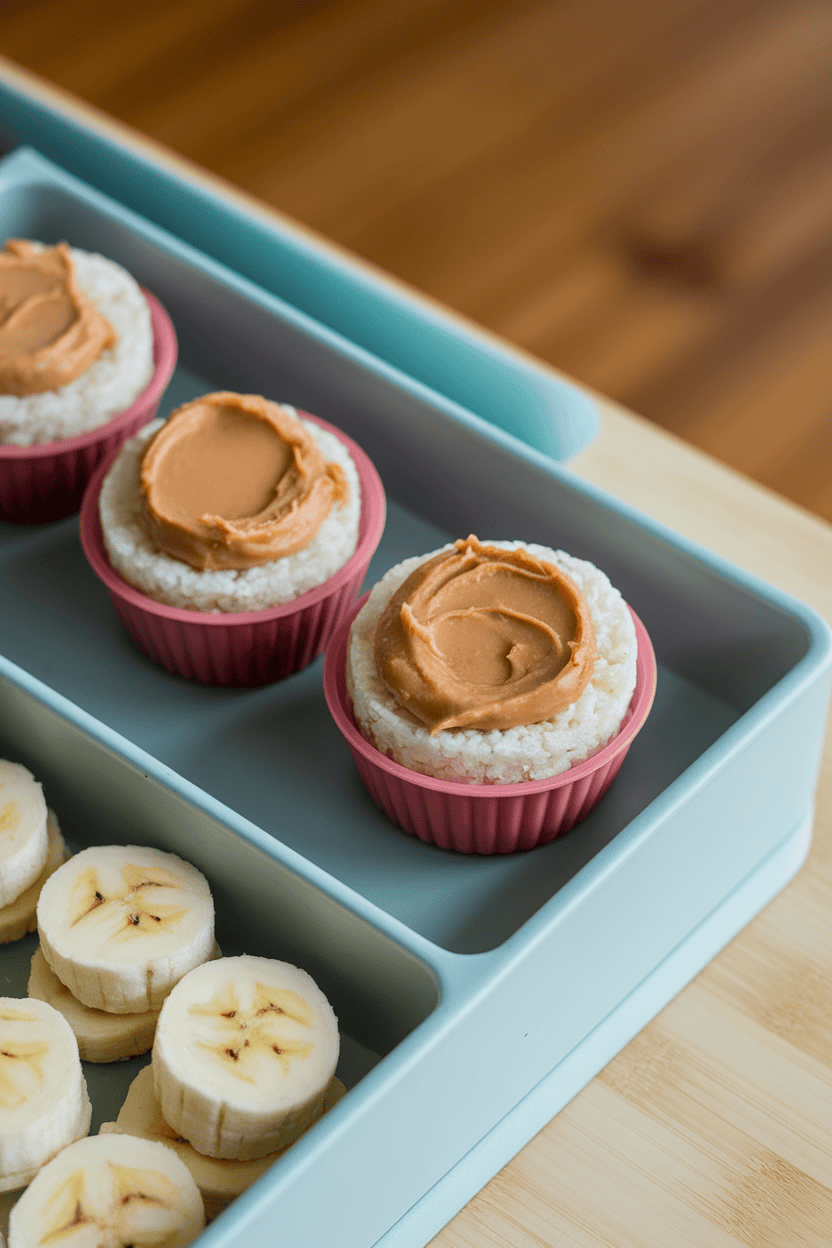 Indoor tabletop photo of mini rice cakes topped with peanut butter in a silicone cup, banana coins in another section; no text or logos.