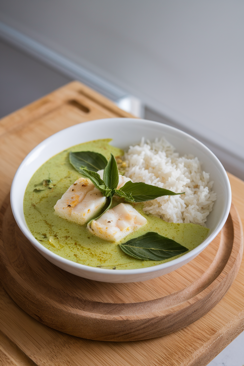 Indoor bowl of green coconut curry dotted with cod pieces, Thai basil leaves floating on top. No text or logos.