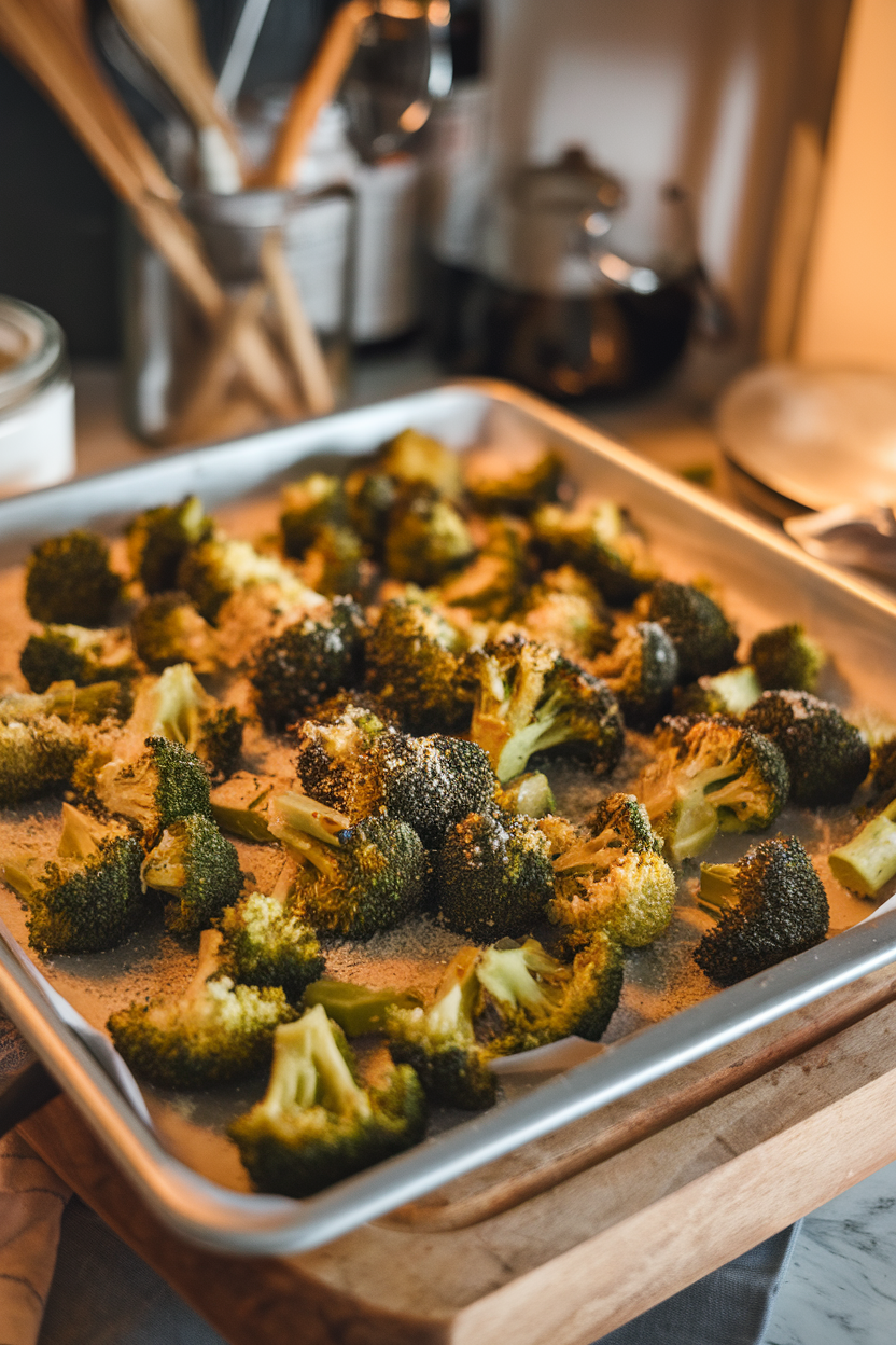 Sheet pan of roasted broccoli florets sprinkled with grated Parmesan, indoor kitchen. No text or logos. Photo.