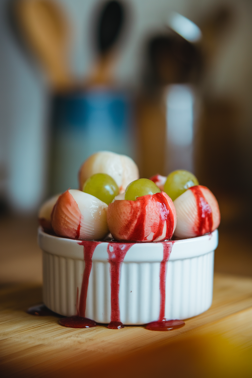 A white ramekin indoors filled with peeled lychees stuffed with green grapes, red berry syrup oozing slightly for veins. No text or logos.