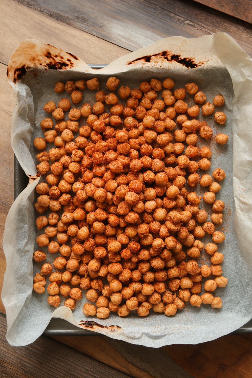 Indoor parchment-lined tray piled with crispy roasted chickpeas coated in red spice mixture. Photo, no text or logos.