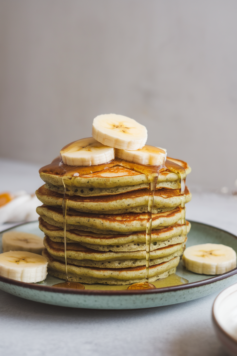 Indoor stack of green-tinted protein pancakes on a plate, topped with banana slices and a drizzle of honey. No text or logos.