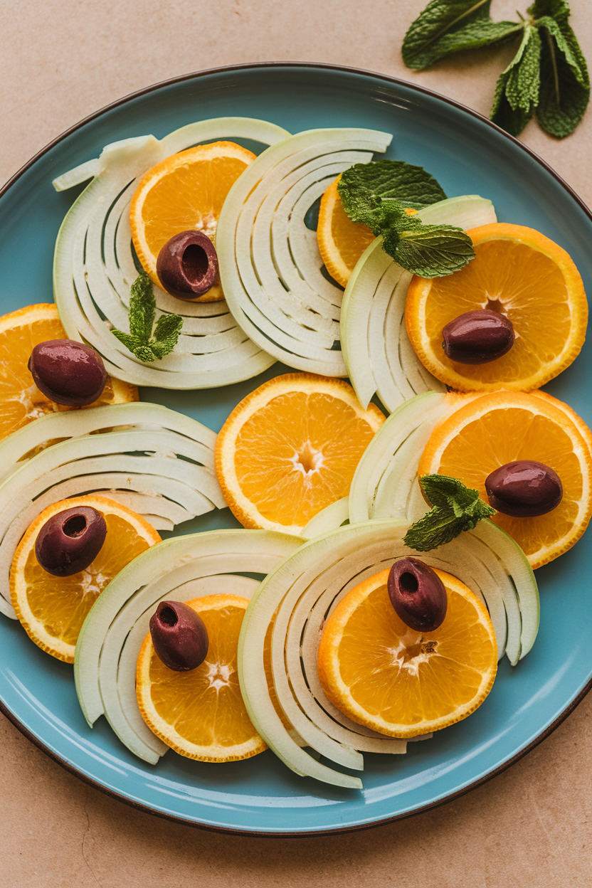 An indoor plate with thinly sliced fennel and orange rounds arranged in a circular pattern, garnished with olives and mint. No text or logos. Photo, not illustration.
