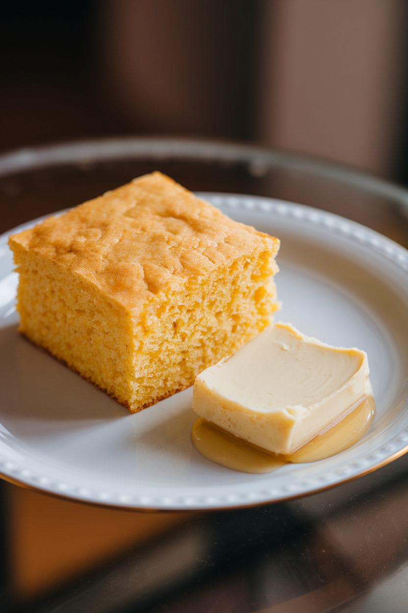 Square of cornbread on a plate with a pat of melting honey butter nearby, shot indoors. No text or logos. Photo.