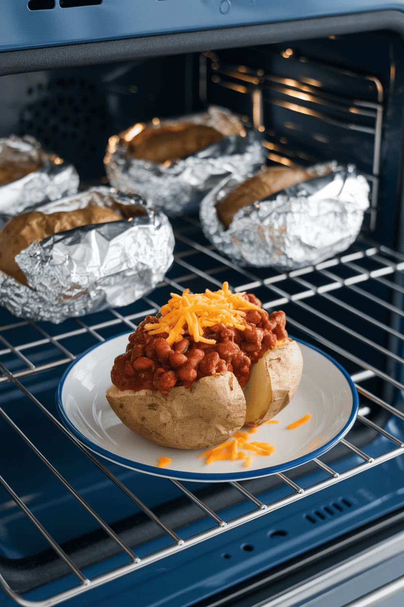 A photo of an indoor oven rack with foil-wrapped baked potatoes, one split open on a plate topped with thick chili beans and a sprinkle of shredded cheese. No text or logos.