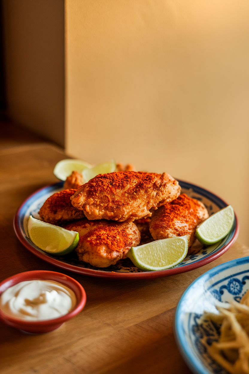 Indoor dining table with fried chicken breasts dusted in chili powder and garnished with lime wedges, small dish of crema nearby, photo only, no text or logos