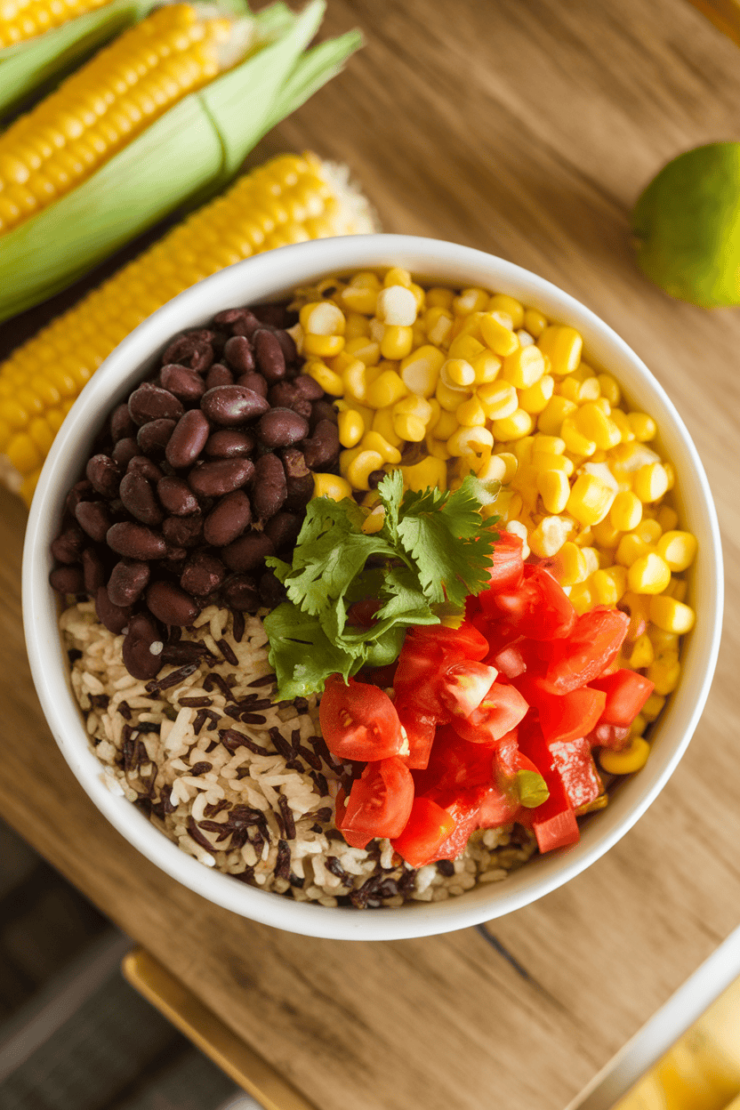 Indoor overhead photo of a bowl filled with wild rice, roasted sweet corn, black beans, diced tomatoes, and cilantro; no logos.