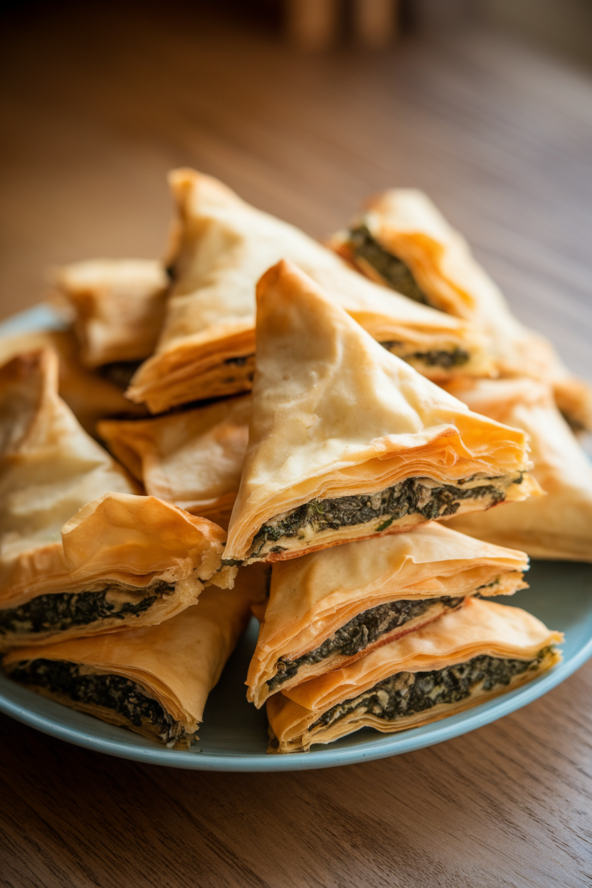 A softly lit indoor plate piled with golden mini spanakopita triangles, flaky phyllo revealing spinach-feta filling at the edges. No text or logos. Photo, not illustration.