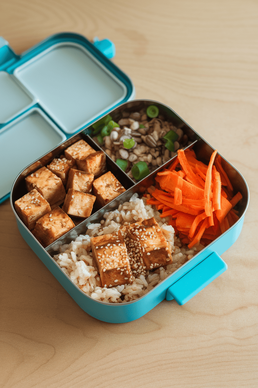Photo of a compartmentalized lunch box indoors with cubed baked tofu, brown rice, shredded carrots, and sesame seeds, no text or logos.