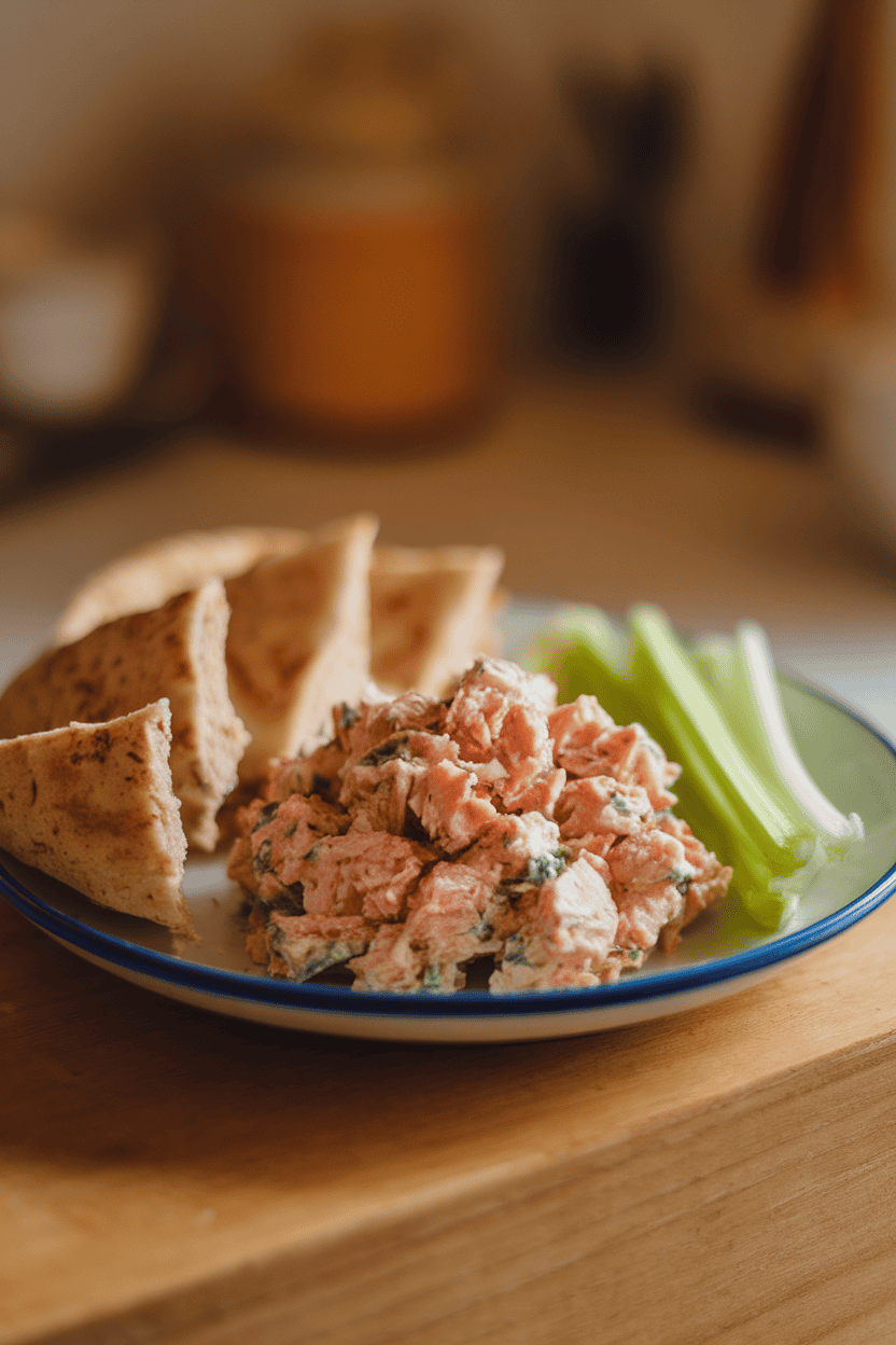 Warm indoor photo of tuna salad made with Greek yogurt, half a whole-wheat pita cut into triangles, and crisp celery sticks; no text or logos.