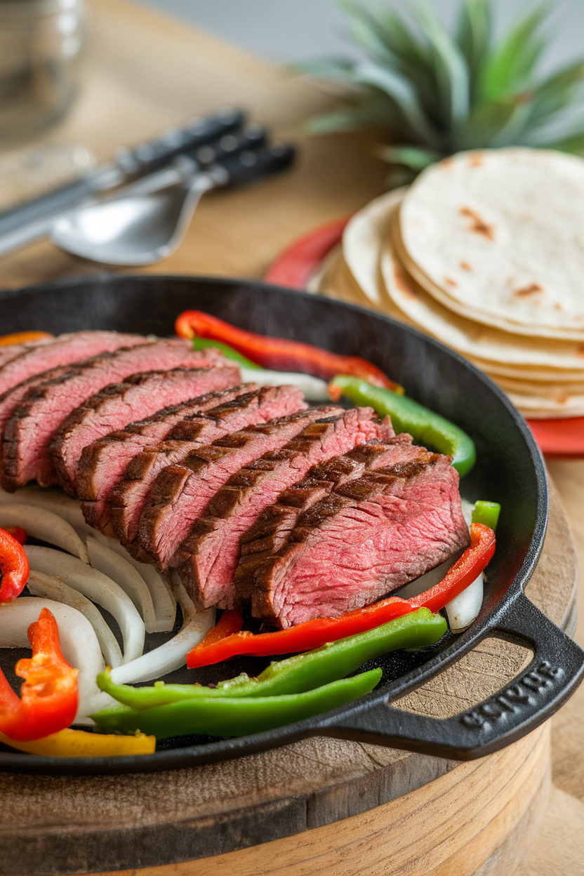 Indoor photo of sizzling cast-iron plate with sliced flank steak, peppers, and onions, tortillas stacked nearby, no text or logos. Photograph, not illustration.