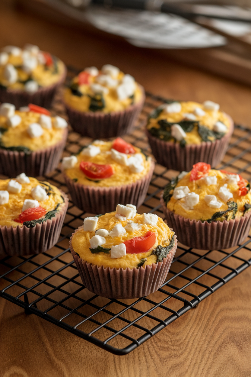 Indoor photo of silicone muffin cups filled with baked egg muffins studded with spinach, tomato, and feta, on a cooling rack. No text or logos.