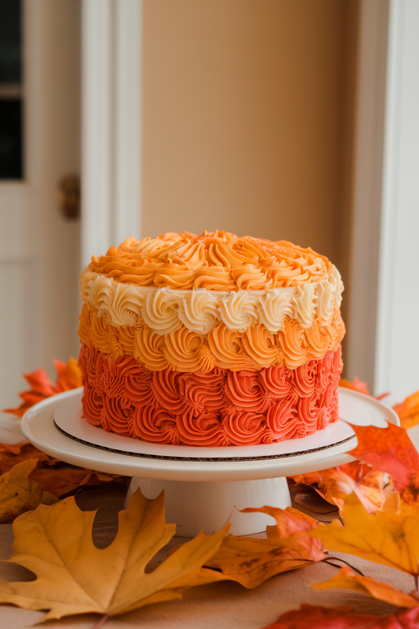 Indoor photo of a maple-flavored sheet cake topped with ombre buttercream leaves in shades of orange and gold. No text or logos.