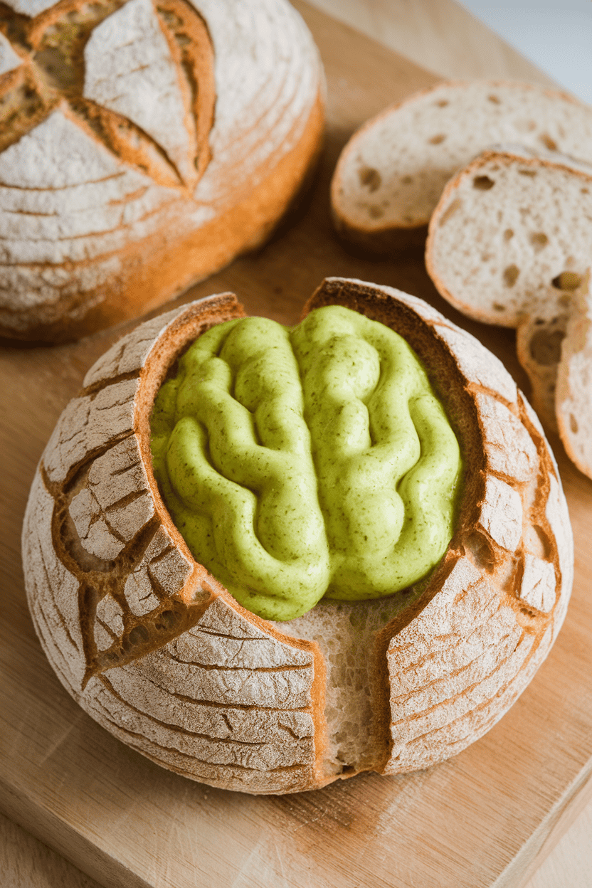 Indoor photo of a hollowed sourdough boule filled with bright green pesto cream cheese, lines carved on top to mimic brain folds, with bread chunks on the side. No text or logos.