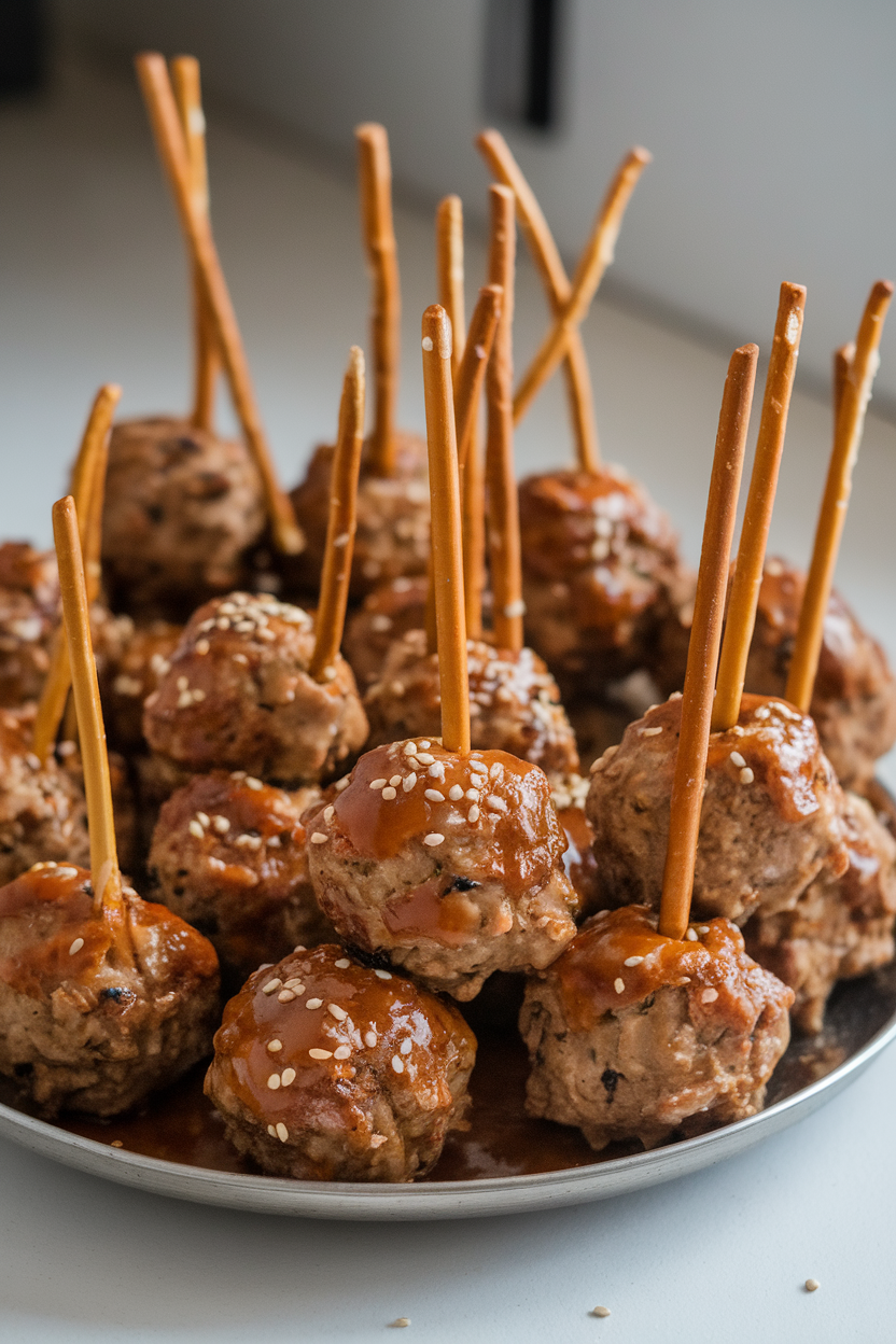Photo of teriyaki meatballs with pretzel stick legs inserted, sesame seeds sprinkled, indoor platter. No text or logos.